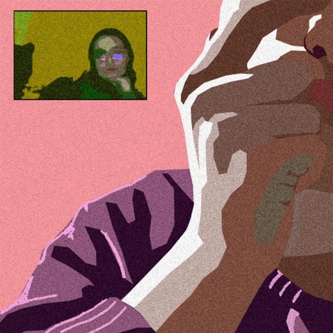 Digitally created artwork of Edie communicating with self on Zoom