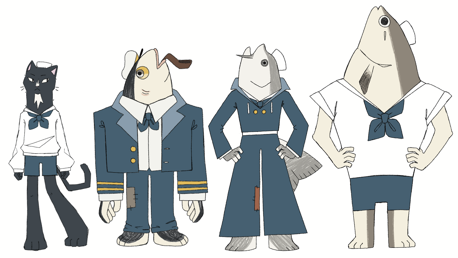 A lineup of characters from 'Money for Fish'. There is a black and white cat, a haddock, a carp and a trout.
