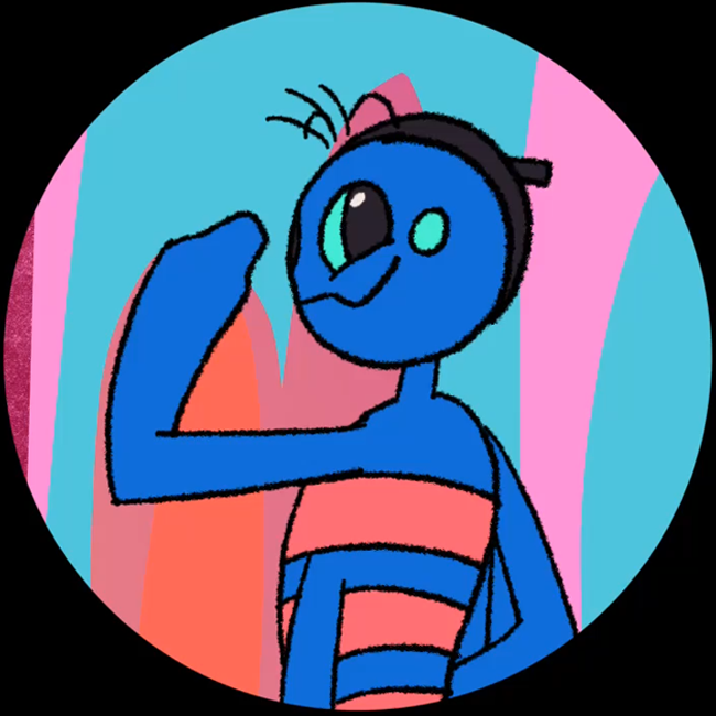 A striped blue and pink cartoon spider wearing a black beret. She's smiling and looking back at the camera.