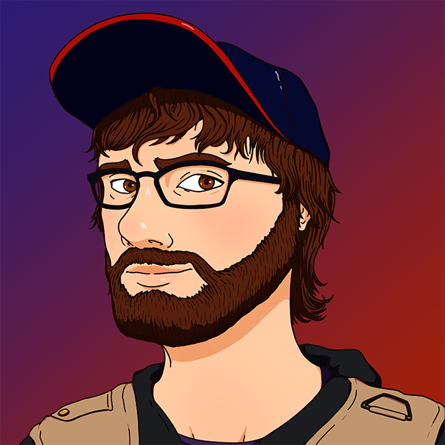 An illustrated image of Corin Astles' face, wearing a cap and a waistcoat.