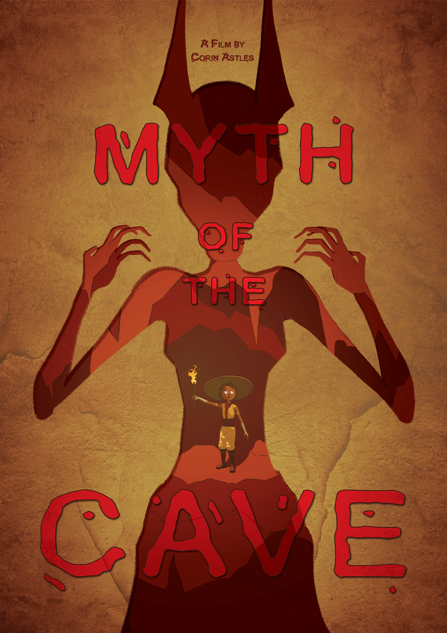 A film poster with a CG cartoon child holding a torch, inside a cave masked by the image of a shadowy figure. The words 'Myth of the Cave' are overlaid on top