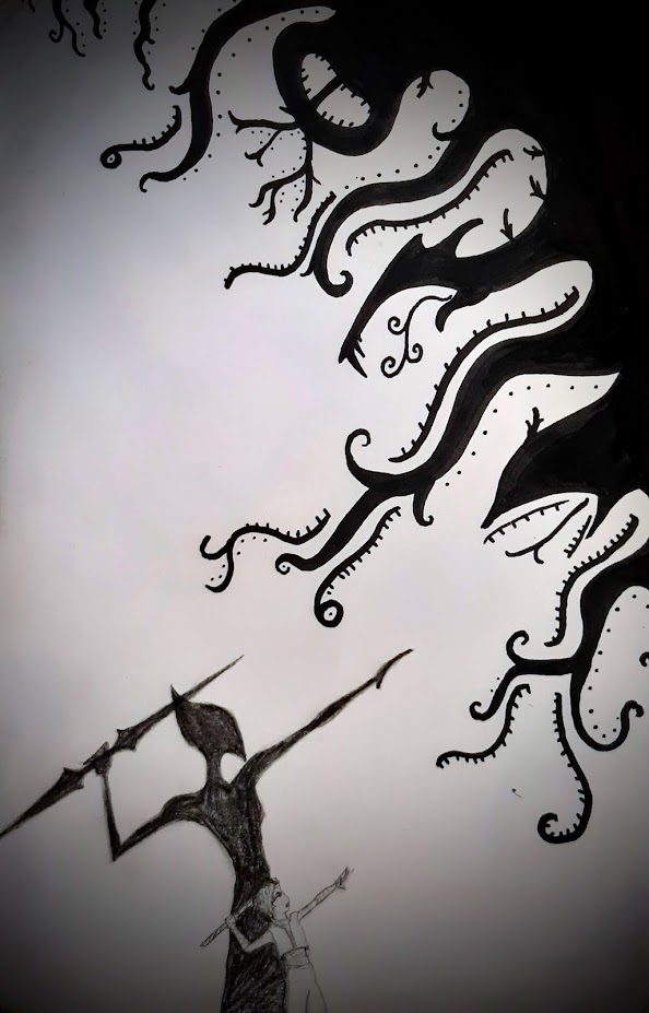 A marker drawing of a Child using their own shadow to fight a giant, tendrilled monster