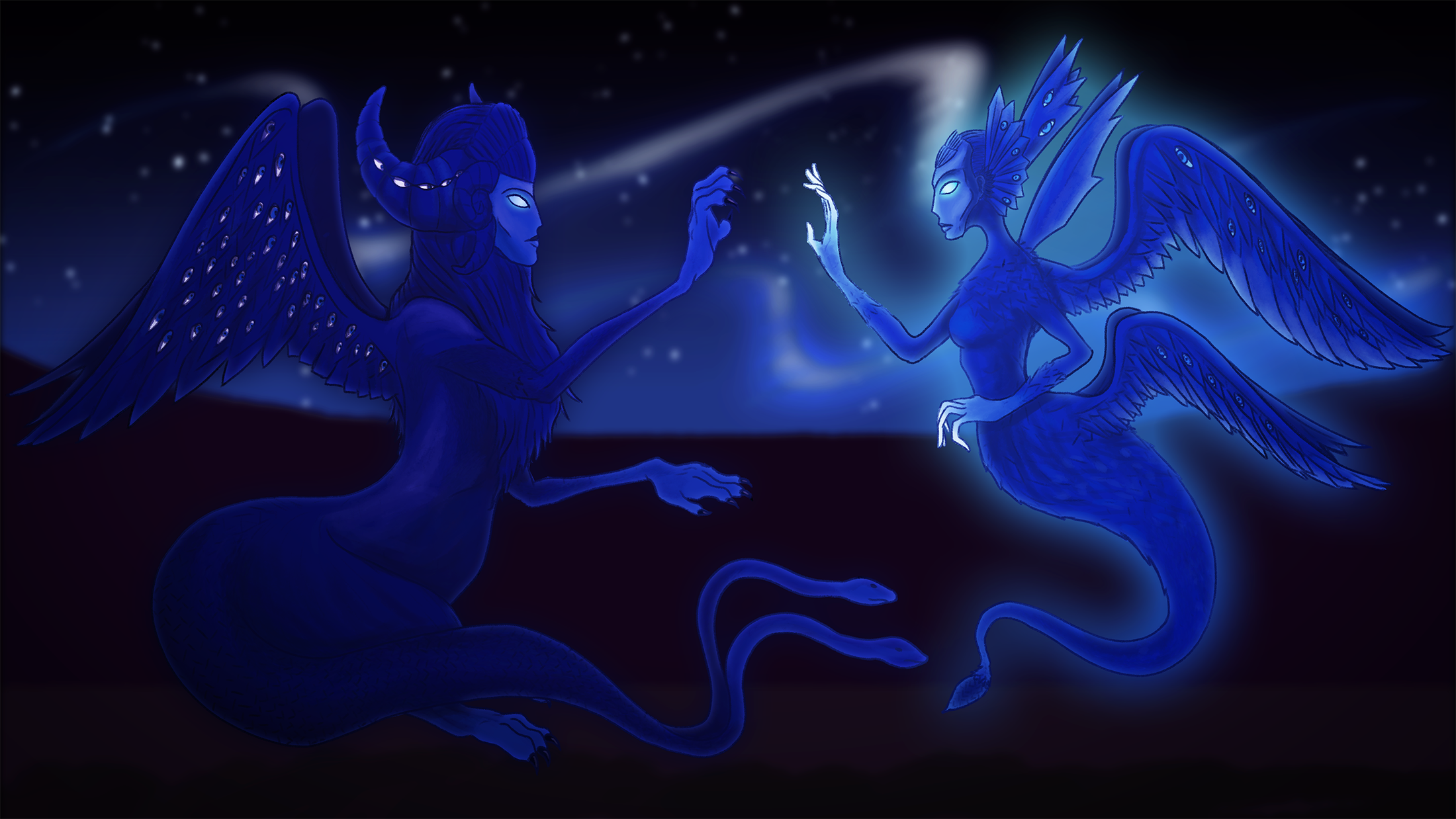 A blue colour palette painting of Death and the Fairy from Guillermo del Toro's 'Pinnochio'