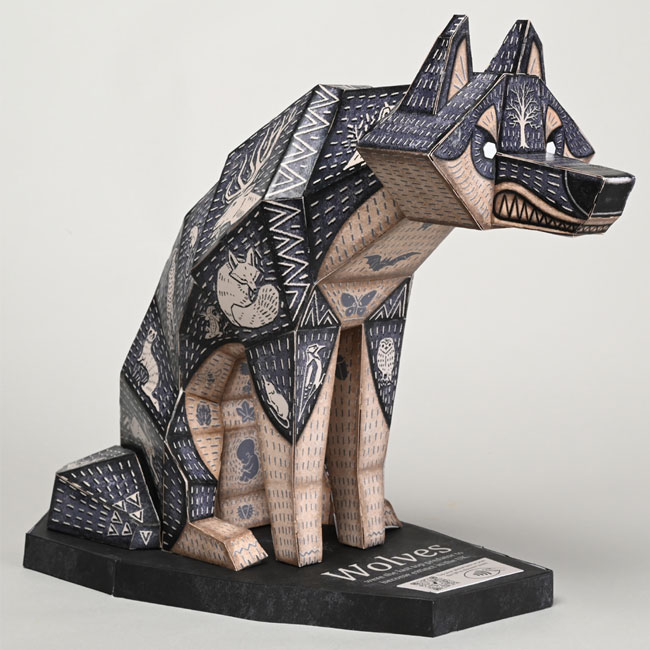 A stylized wolf sculpture prototype.