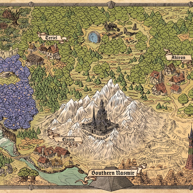 A digital hand-drawn map by Lukasz Iskierka, created as a part of my entry, Flame and Shadow: Iscarian Chronicle, to Campaign Contest for Songs of Conquest. It depicts lands of Southern Nasmir, from dense woodlands in the north to mountain ranges to the south with a number of local villages.