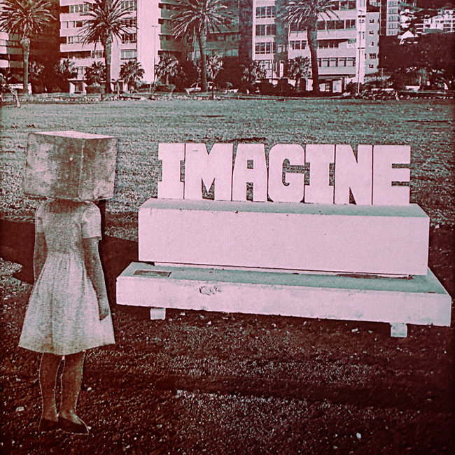 Photomontage of a young girl with a box covering her head standing beside a bench spelling "IMAGINE", presented in muted monochrome tones.
