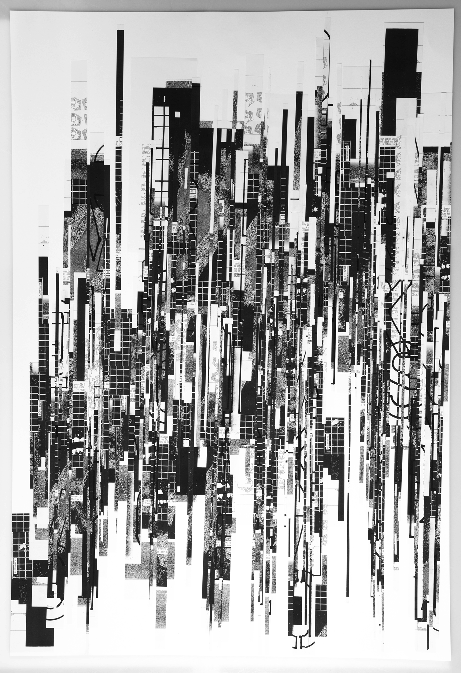 A collage made of thin vertical strips cut from photocopies.