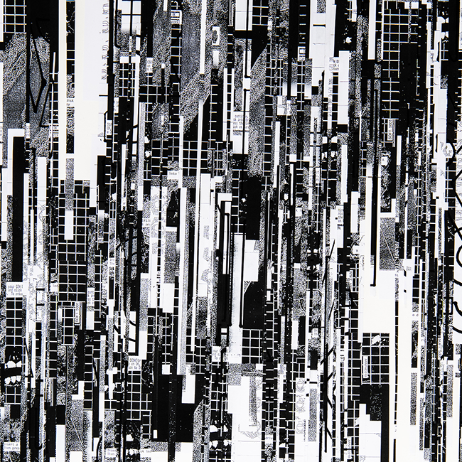 Close-up of an abstract black and white collage made of strips of photocopies.